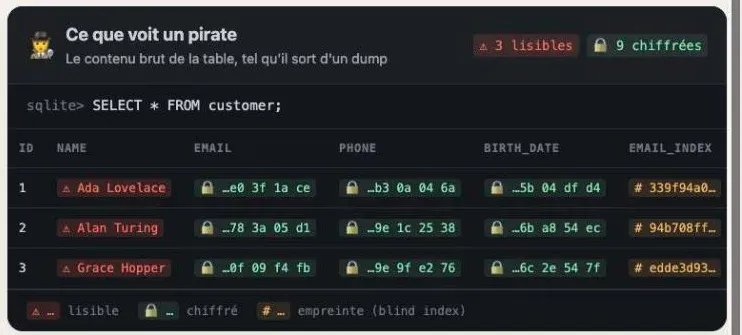 Le panneau du pirate avec la nouvelle colonne email_index : une empreinte par client, en orange