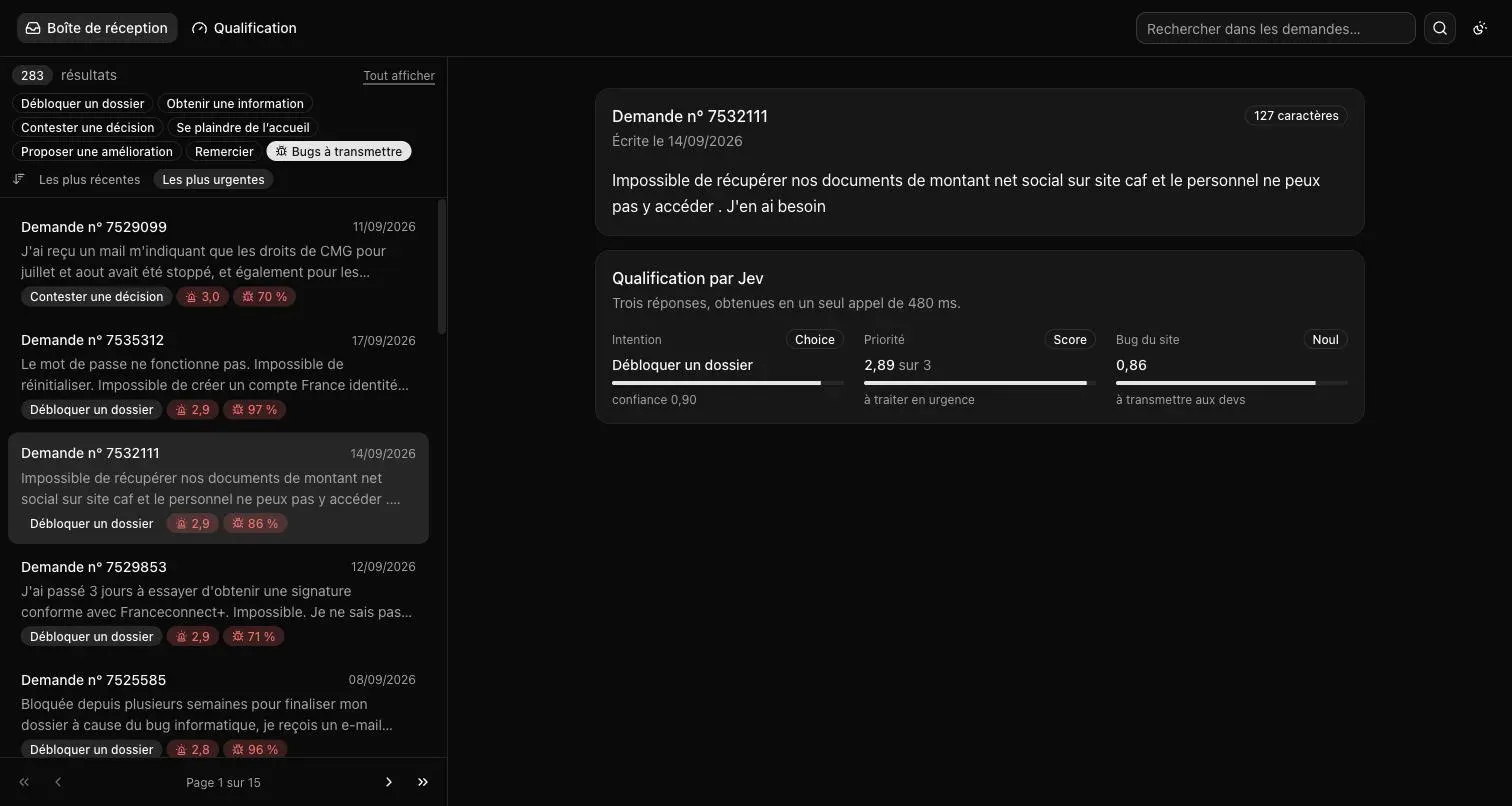 La boîte de réception de la démo, filtrée sur les bugs à transmettre et triée par urgence, avec le détail des trois réponses de Jev pour une demande