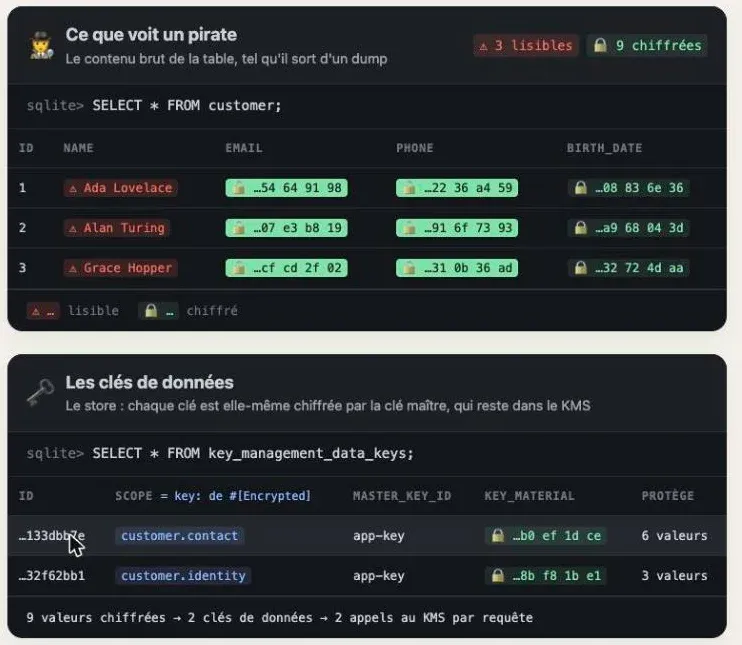 Le panneau des clés de données : deux lignes, customer.contact qui protège 6 valeurs et customer.identity qui en protège 3 ; au survol de customer.contact, les cellules email et téléphone s'allument dans le panneau du pirate