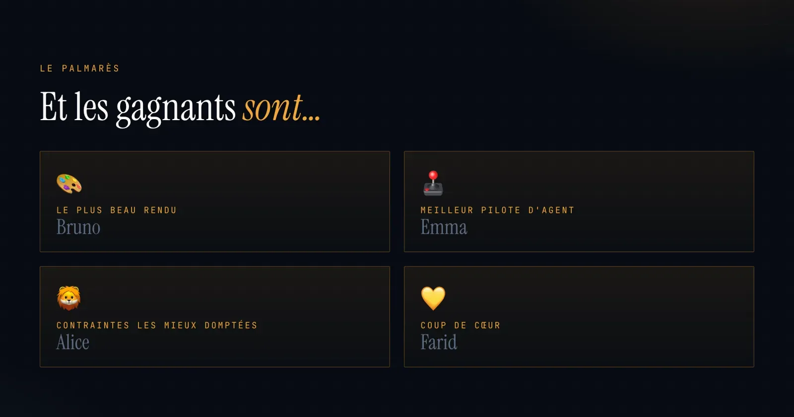Le palmarès projeté en fin de matinée : le plus beau rendu, le meilleur pilote d'agent, les contraintes les mieux domptées et le coup de cœur (prénoms fictifs)