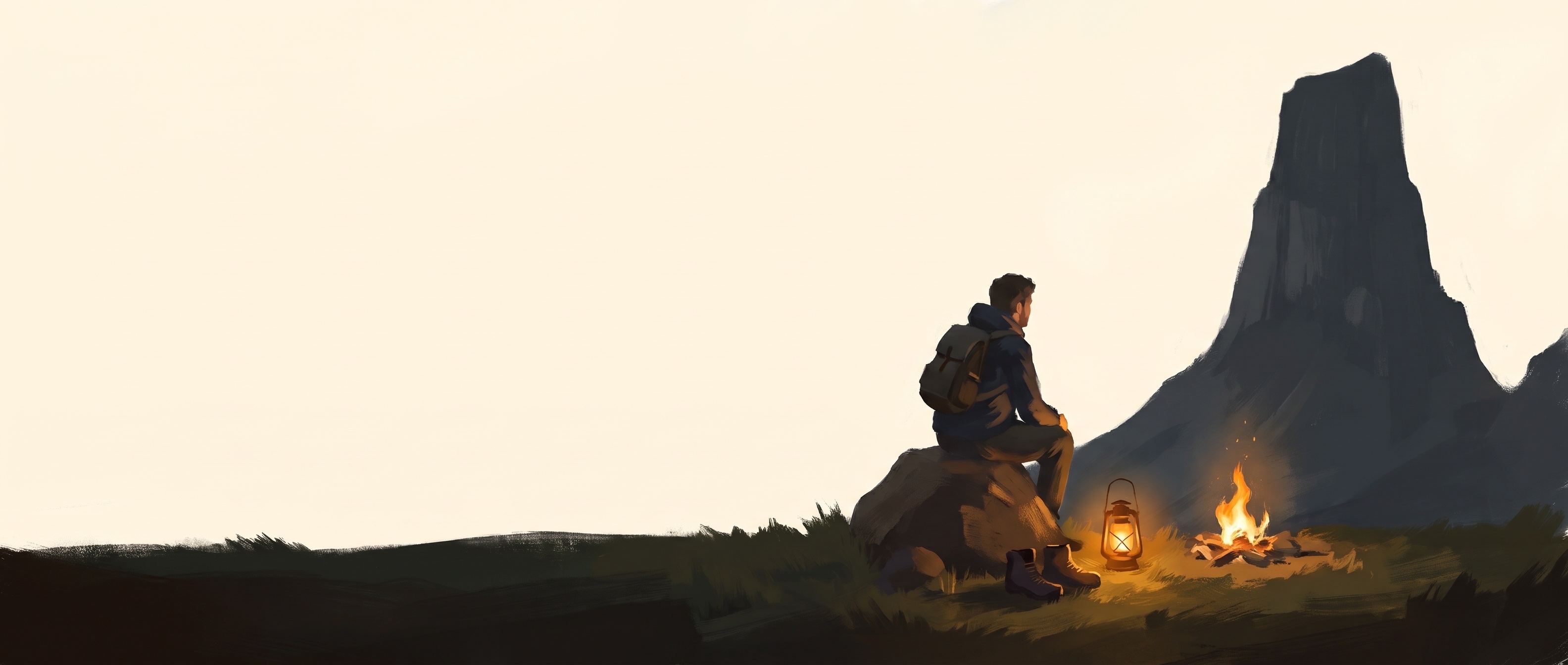 Le soir au bivouac, le randonneur assis près du feu regarde la montagne qu'il a gravie dans la journée.
