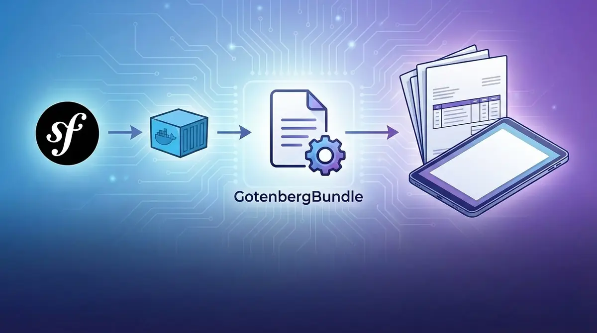 Decouvrez comment generer des PDF professionnels avec Symfony et GotenbergBundle. De l'installation a la creation de factures Factur-X, ce tutoriel vous guide pas a pas dans l'ecosysteme Docker-first de Gotenberg.